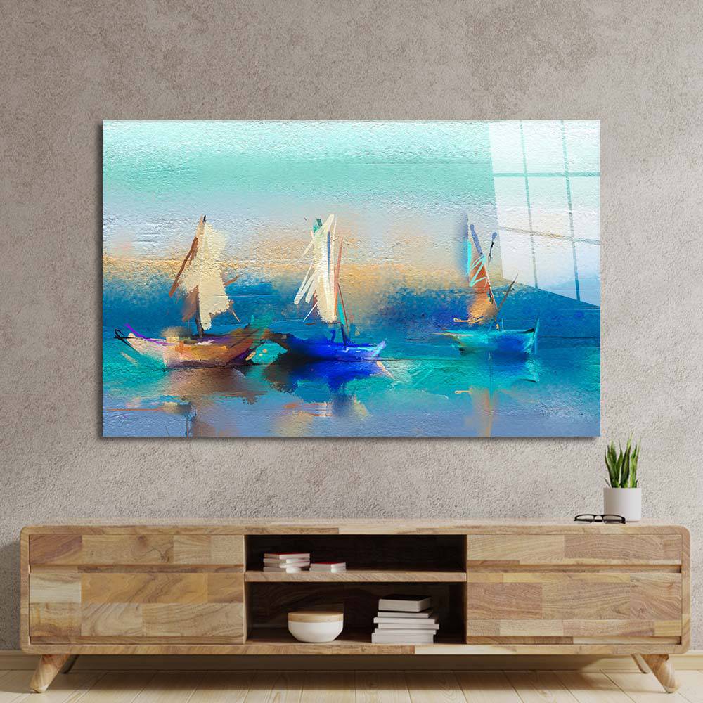 Sailing Boats Textured Painting Glass Wall Art - CreoGlass E-Shop