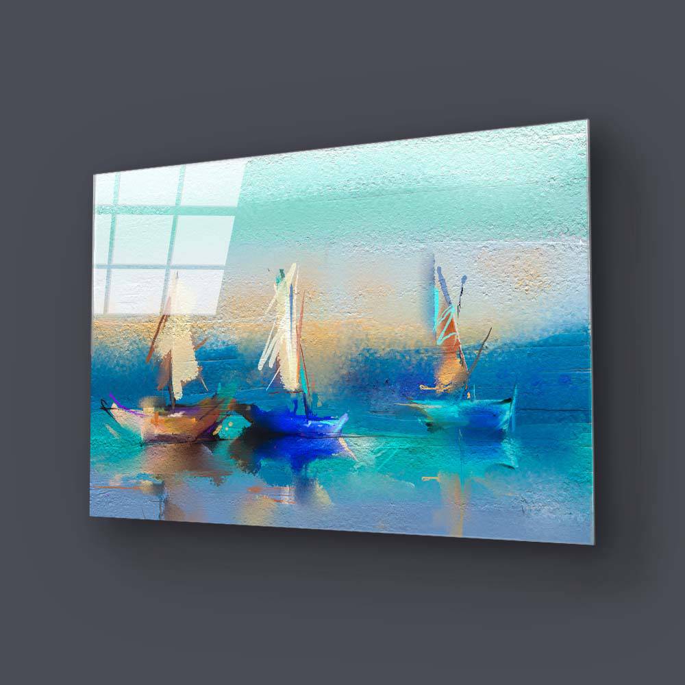 Sailing Boats Textured Painting Glass Wall Art - CreoGlass E-Shop