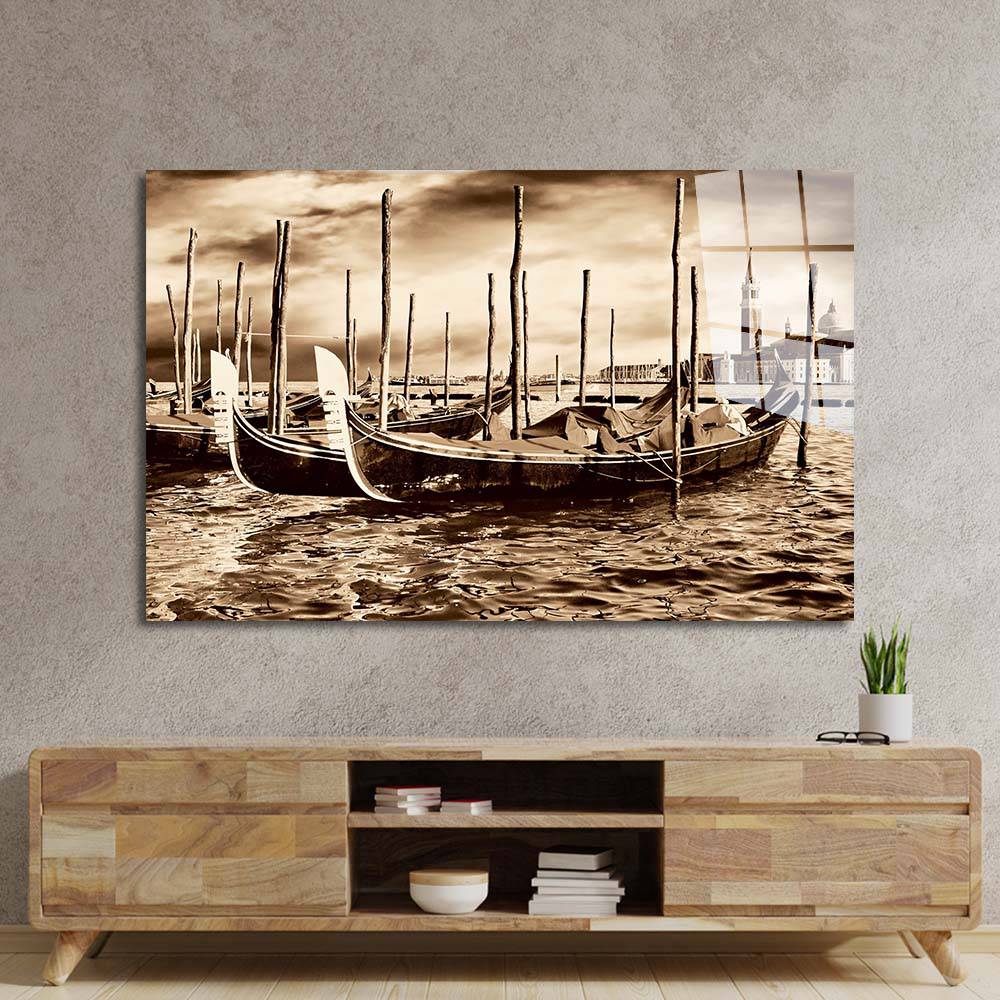 Sepia Venetian Boats Glass Wall Art - CreoGlass E-Shop