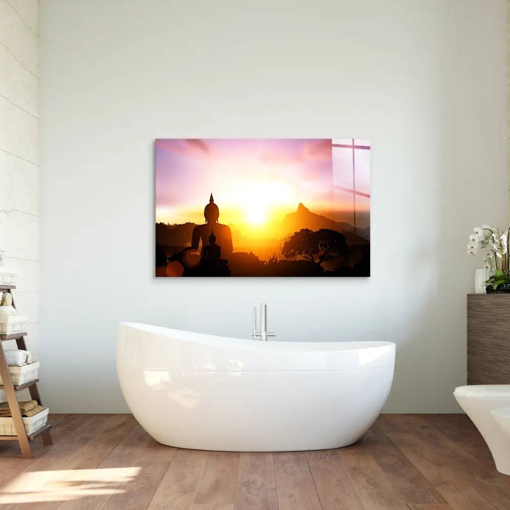 Silhouette of Buddha on Sunset Glass Wall Art - CreoGlass E-Shop