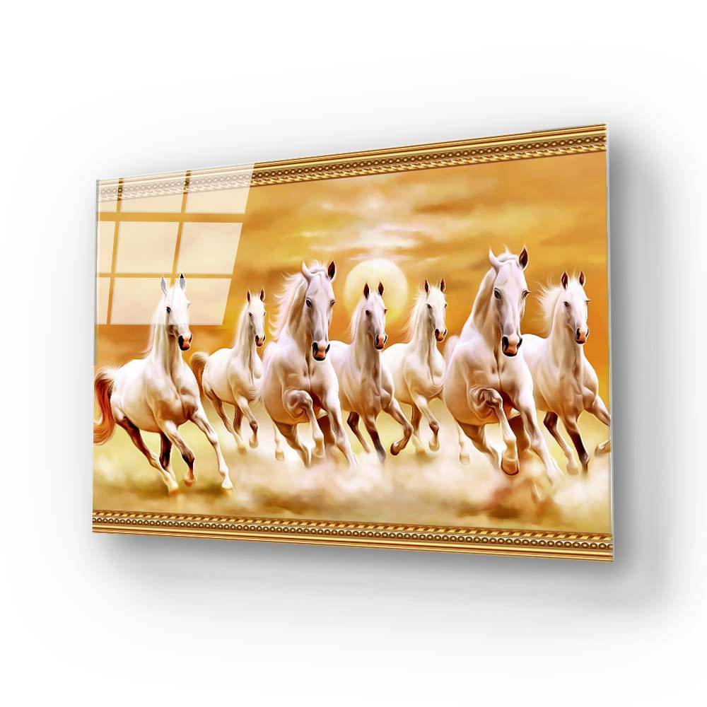 Sunrise White Lucky Seven Running Horses Glass Wall Art - CreoGlass E-Shop