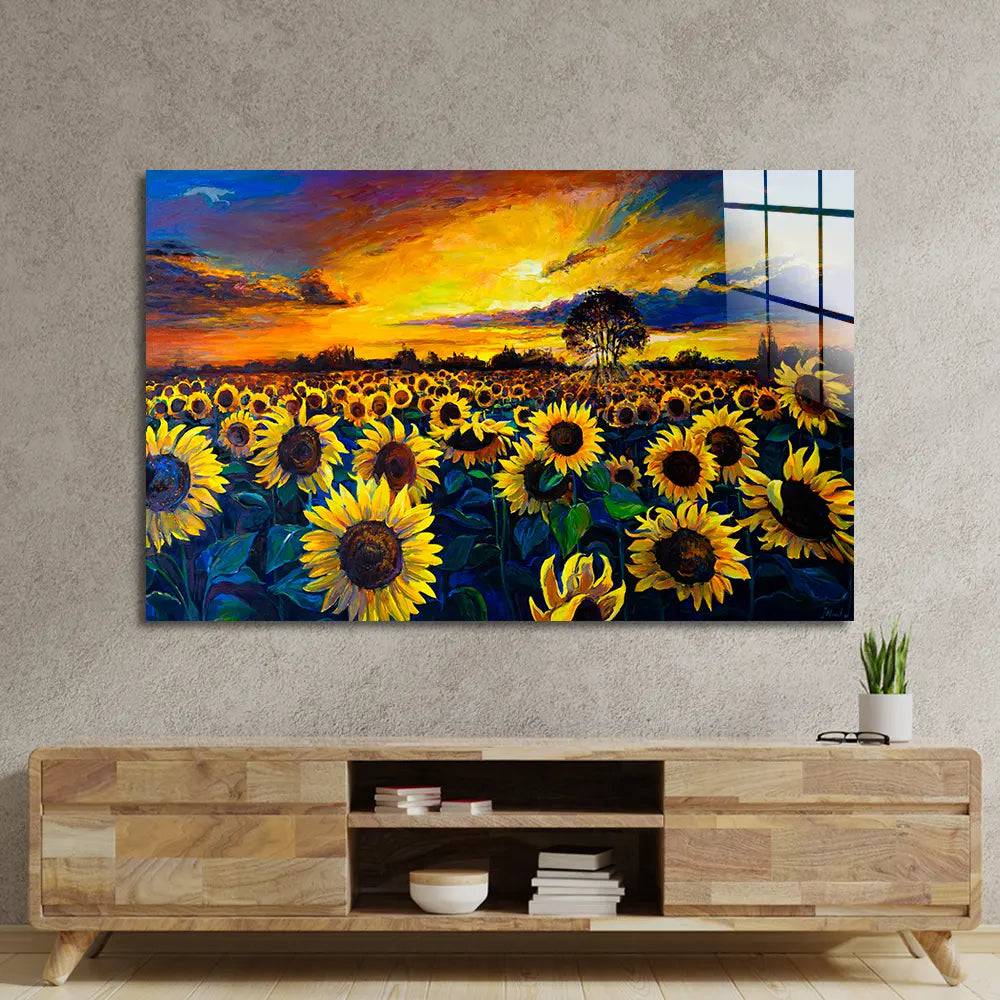Sunset Flower Field Glass Wall Art - CreoGlass E-Shop