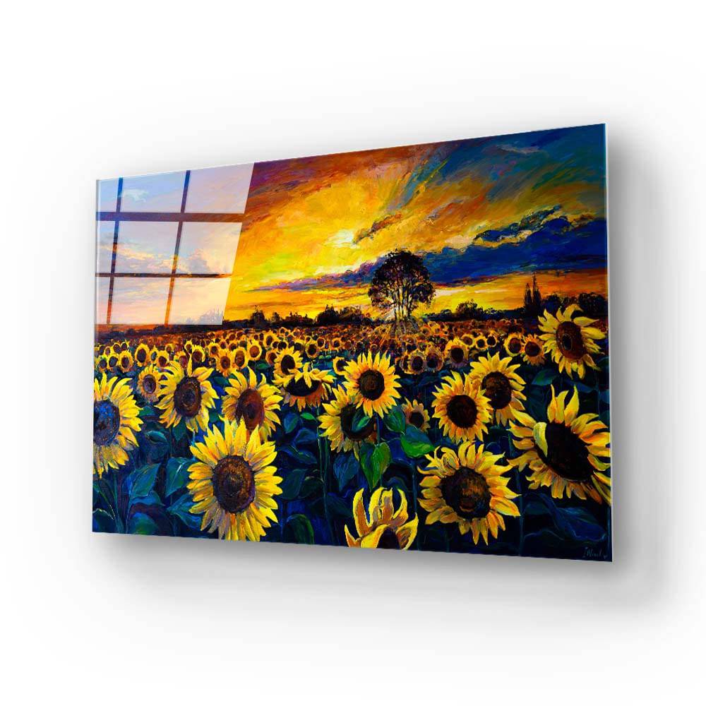 Sunset Sunflower Field Glass Wall Art - CreoGlass E-Shop