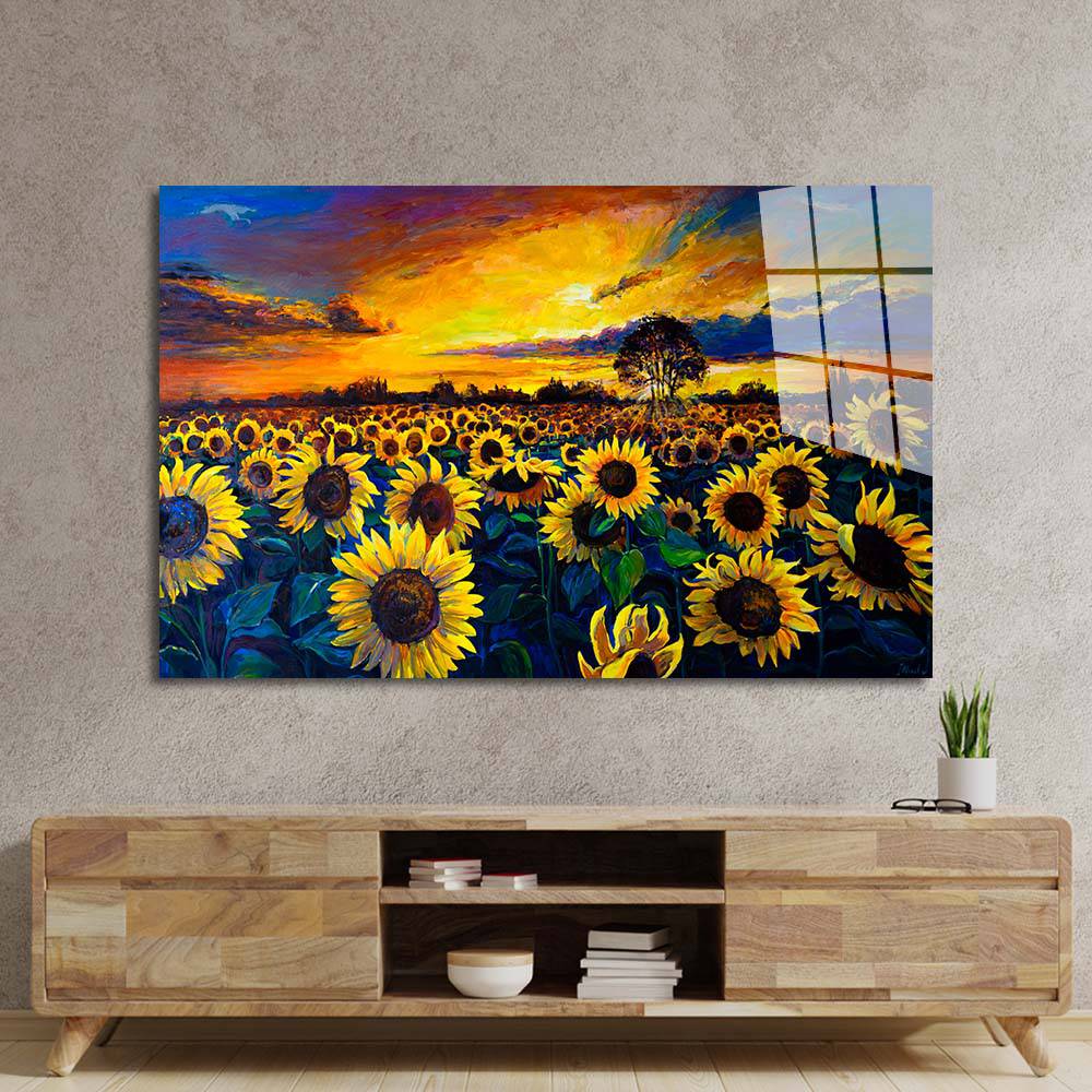 Sunset Sunflower Field Glass Wall Art - CreoGlass E-Shop