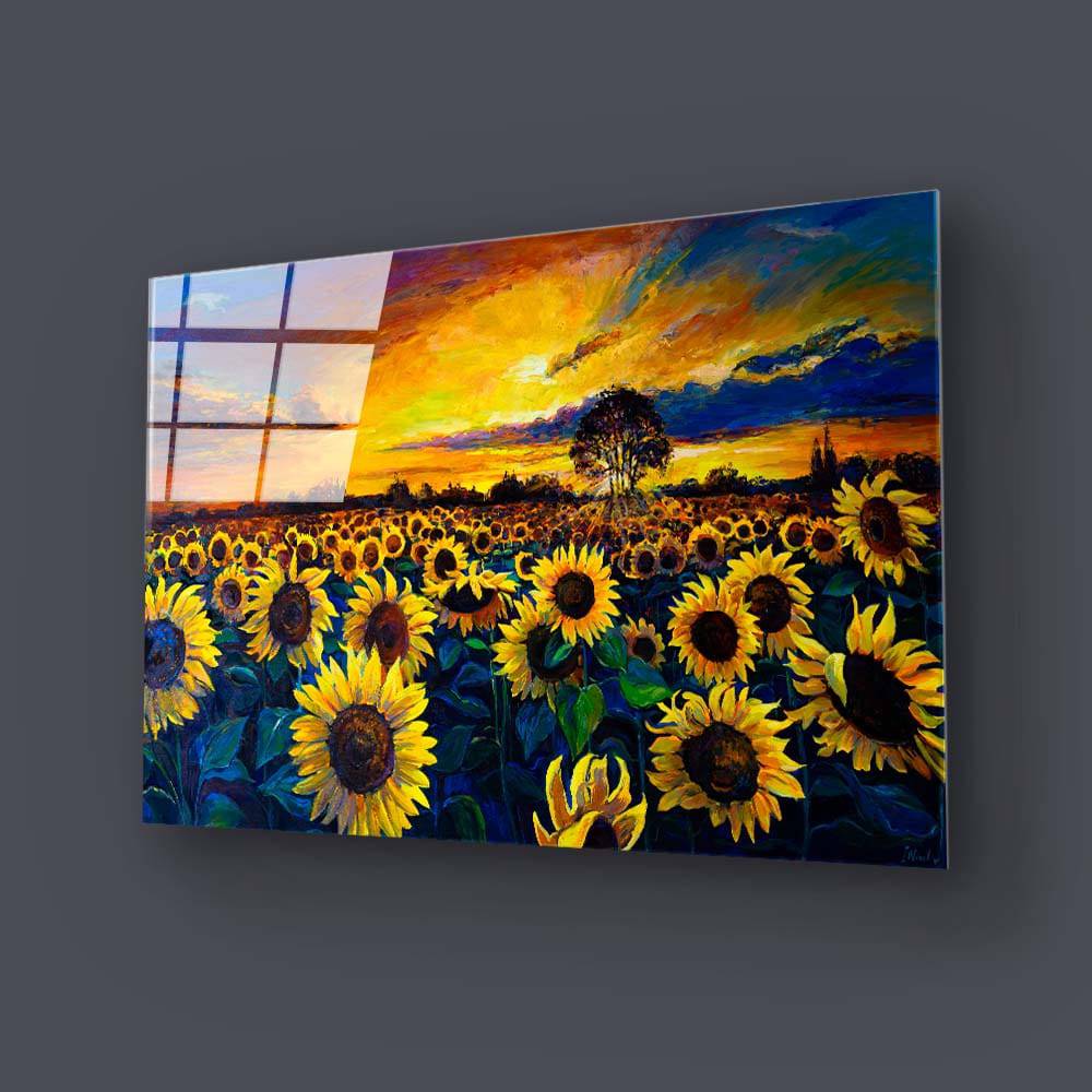 Sunset Sunflower Field Glass Wall Art - CreoGlass E-Shop