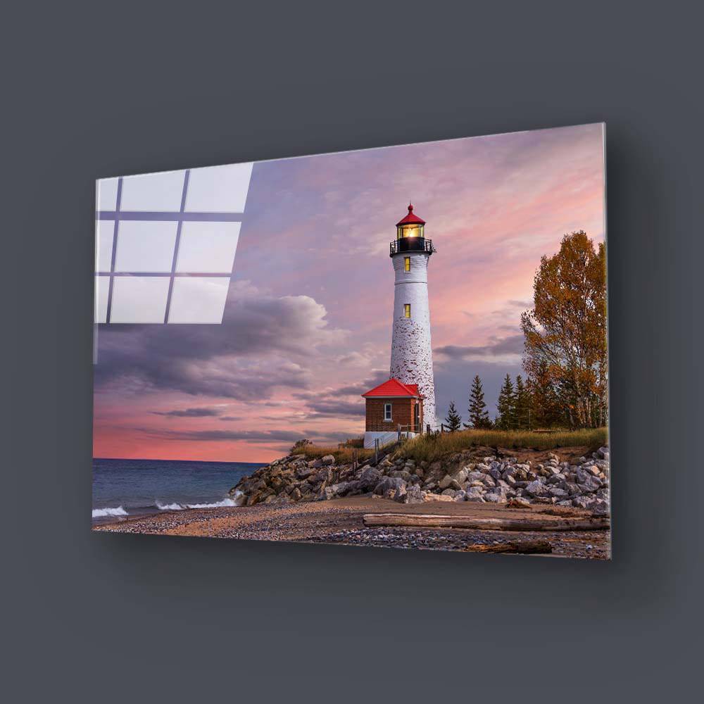 The Crisp Point Lighthouse During Sunset Glass Wall Art - CreoGlass E-Shop