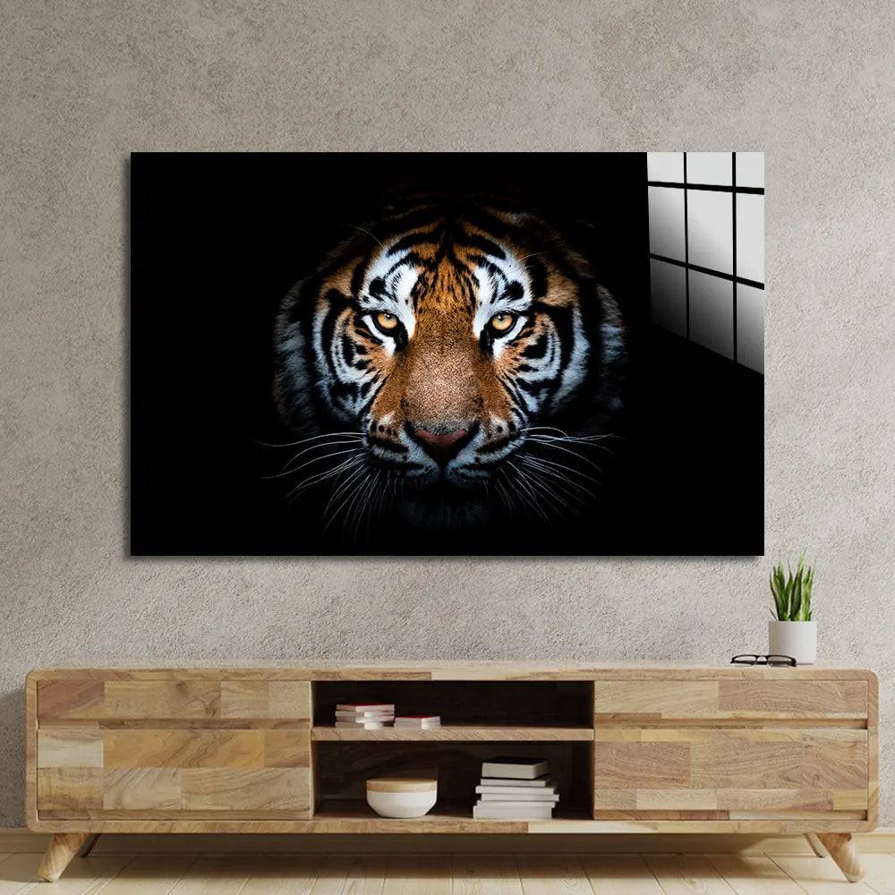 Tiger Portrait On Black Background Glass Wall Art - CreoGlass E-Shop