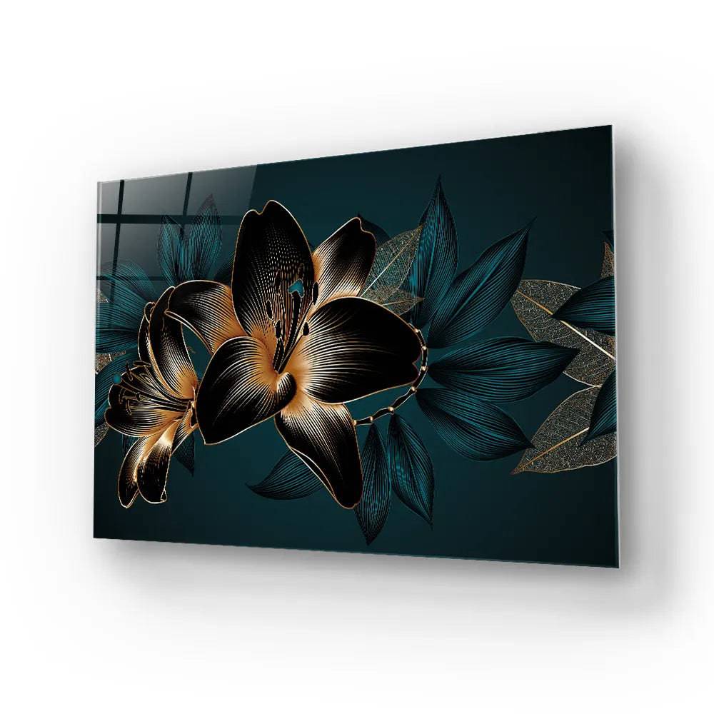 Vintage Elegant Luxury Gold Background Hand Drawn Lily Flower Glass Wall Art - CreoGlass E-Shop