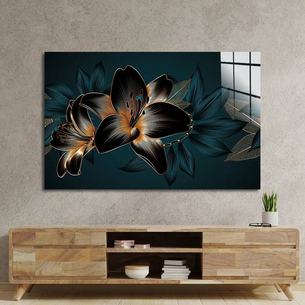 Vintage Elegant Luxury Gold Background Hand Drawn Lily Flower Glass Wall Art - CreoGlass E-Shop