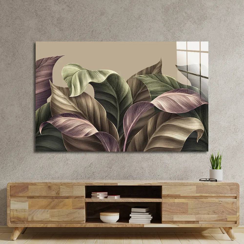 Vintage Tropical Green Brown Leaves Glass Wall Art - CreoGlass E-Shop