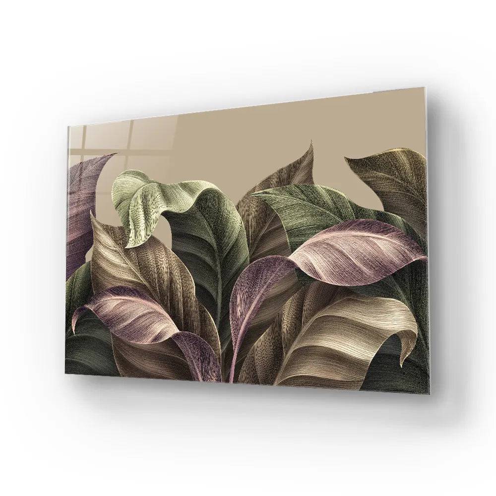 Vintage Tropical Green Brown Leaves Glass Wall Art - CreoGlass E-Shop