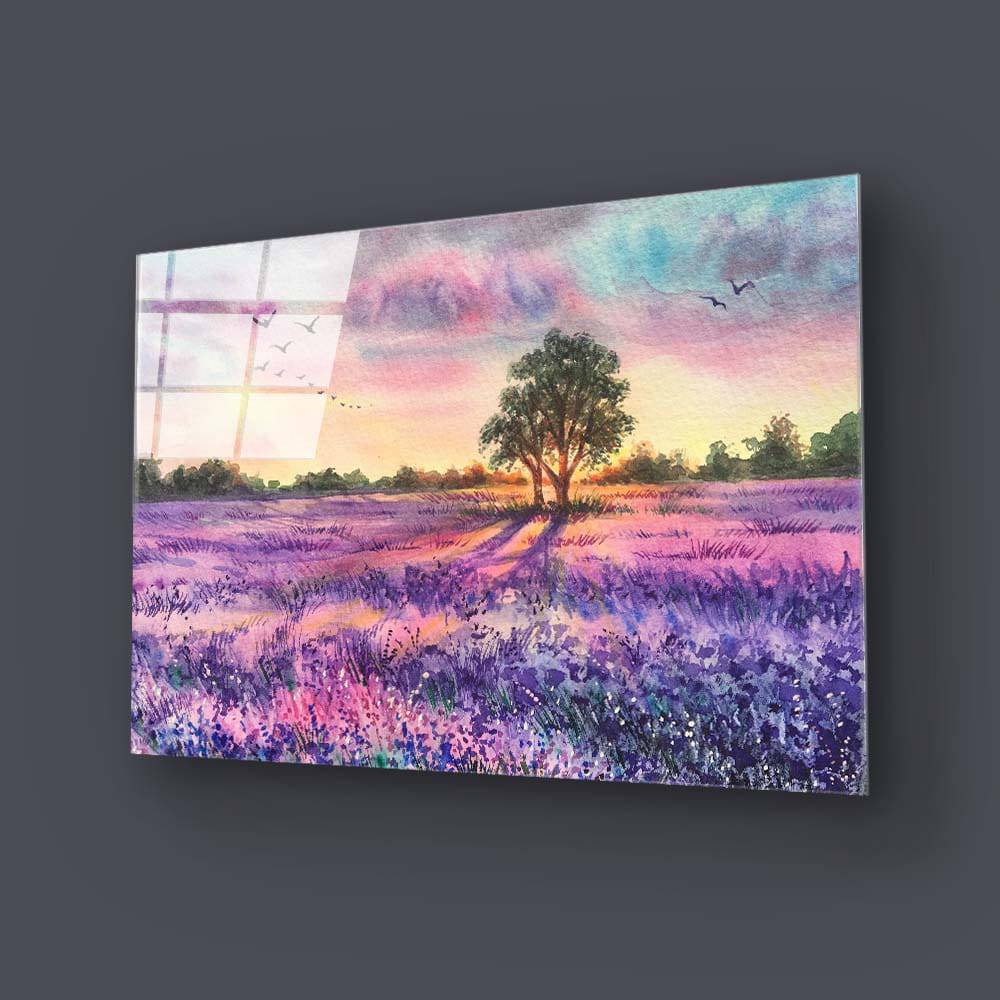 Watercolour Lavender Field Glass Wall Art - CreoGlass E-Shop