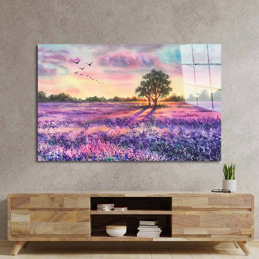 Watercolour Lavender Field Glass Wall Art - CreoGlass E-Shop