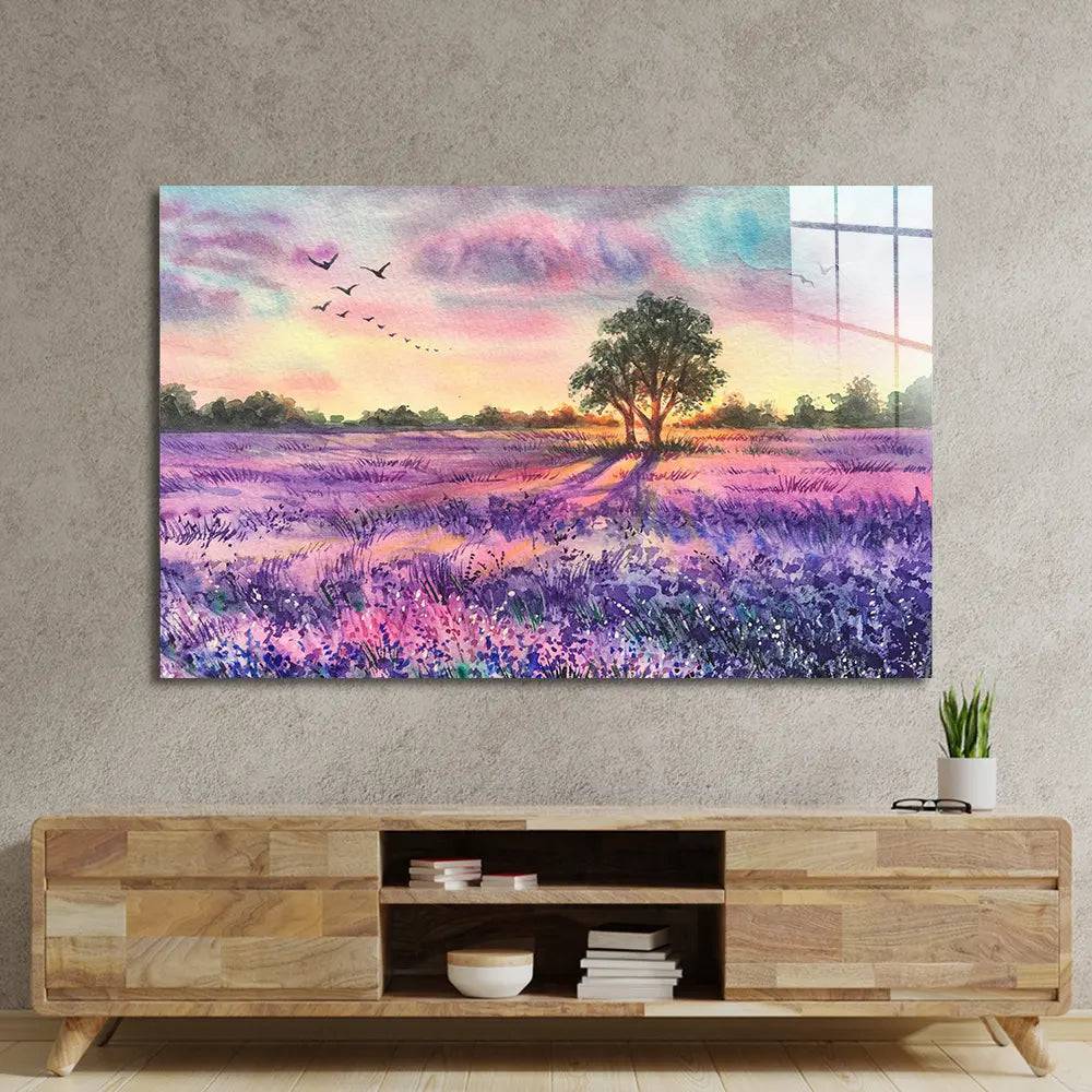 Watercolour Lavender Field Glass Wall Art - CreoGlass E-Shop