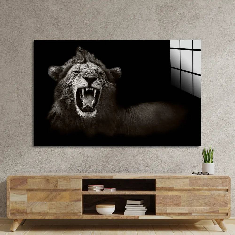 Wild African Male Lion Growling Glass Wall Art - CreoGlass E-Shop
