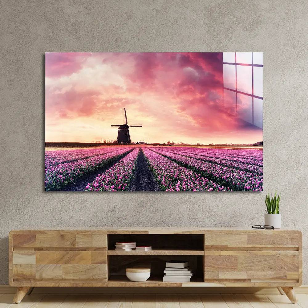 Windmill And Tulips Glass Wall Art - CreoGlass E-Shop