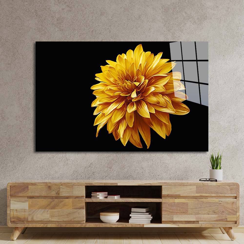 Yellow Chrysanthemum with Black Background Glass Wall Art - CreoGlass E-Shop