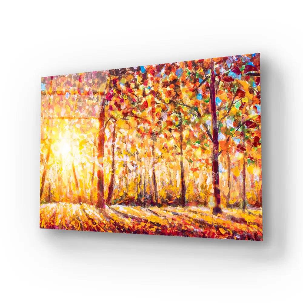Autumn Panorama Sunny Forest Trees Glass Wall Art - CreoGlass E-Shop