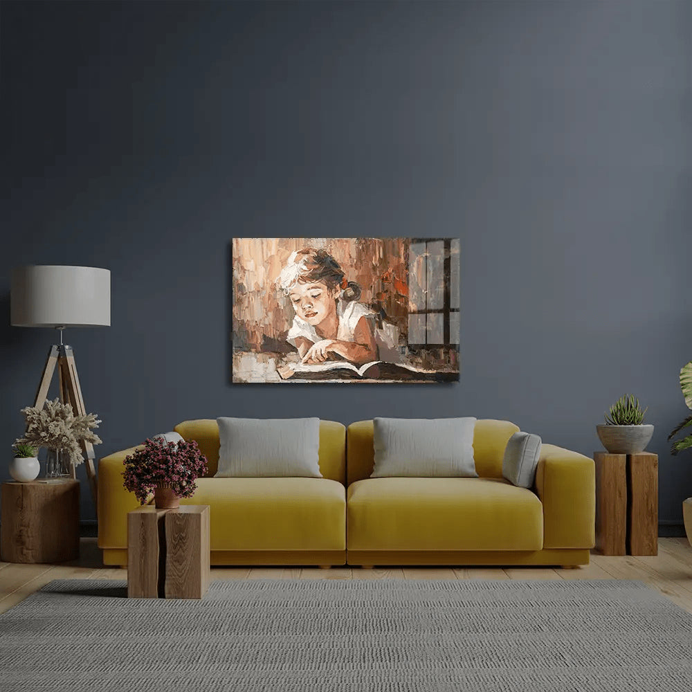 A Child Reads Book Warm Sun Glass Wall Art - CreoGlass E-Shop