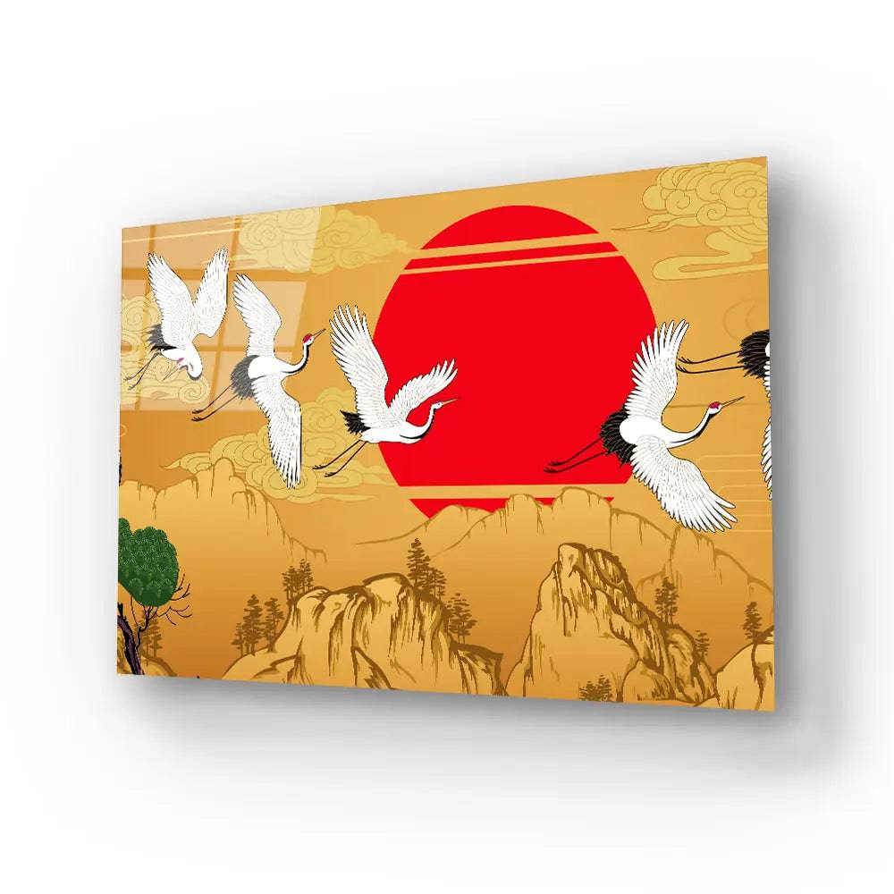 Abstract Flying Cranes Sunset Traditional Glass Wall Art - CreoGlass E-Shop
