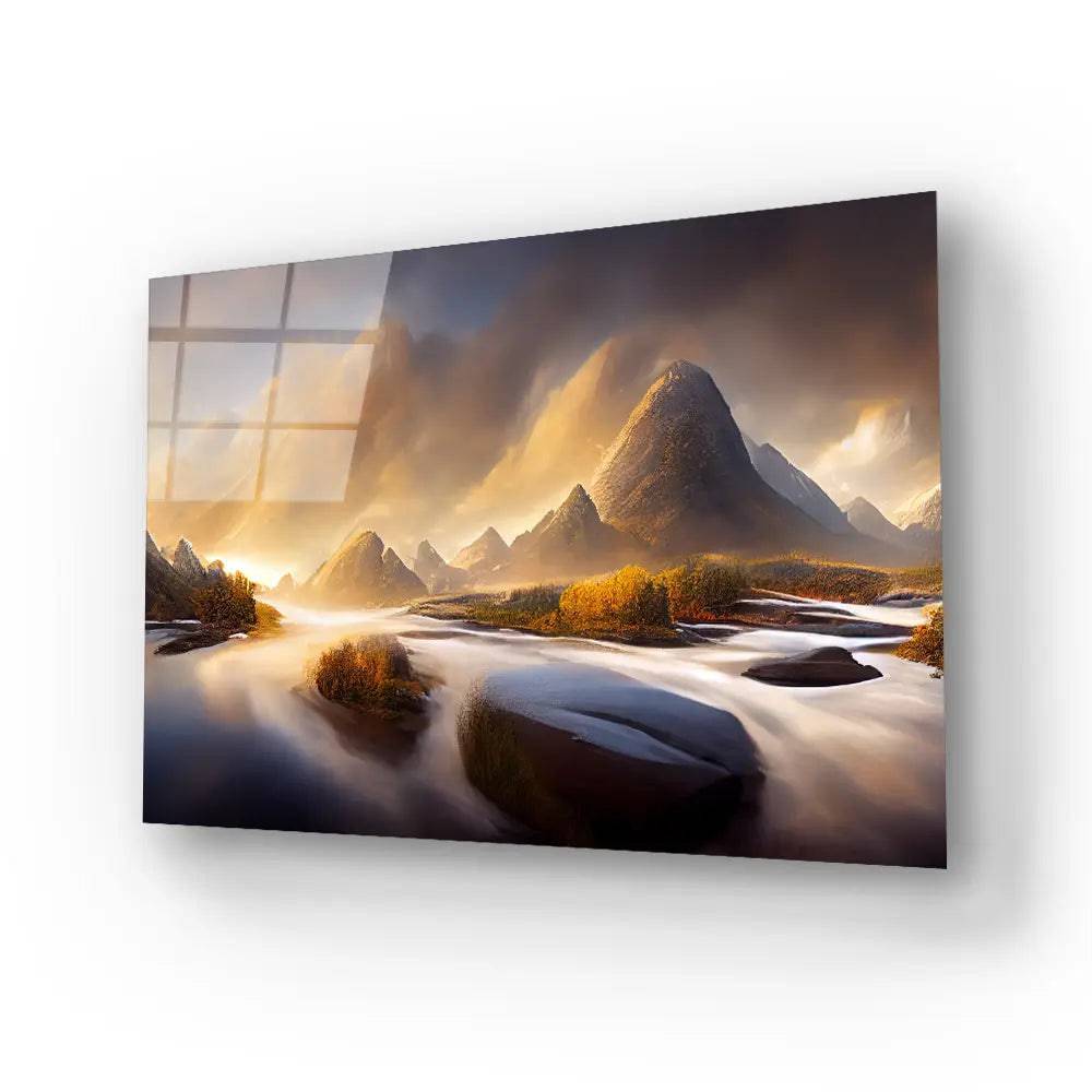 Beautiful Landscape Blue Sky Mountain River Glass Wall Art - CreoGlass E-Shop