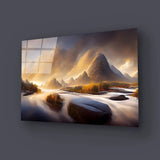 Beautiful Landscape Blue Sky Mountain River Glass Wall Art - CreoGlass E-Shop