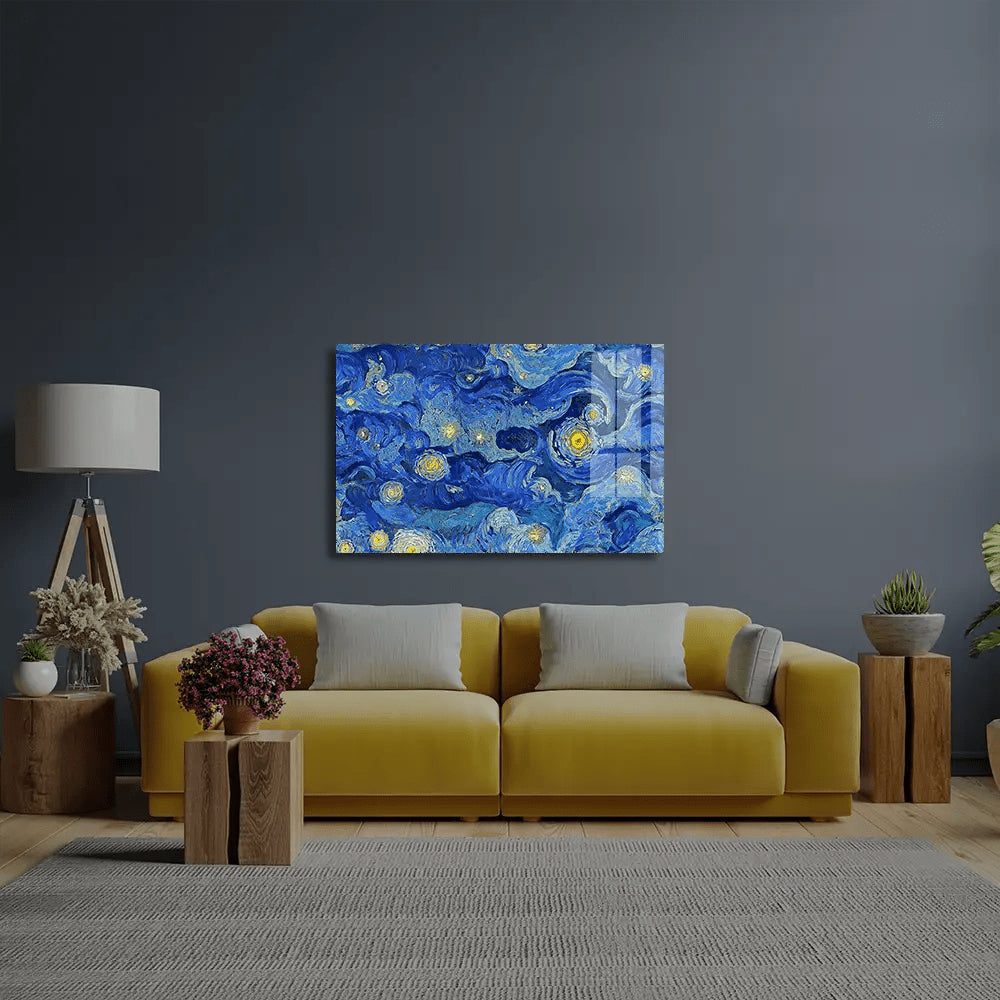 Cloudy Blue Night Sky Stars Glass Wall Art - CreoGlass E-Shop