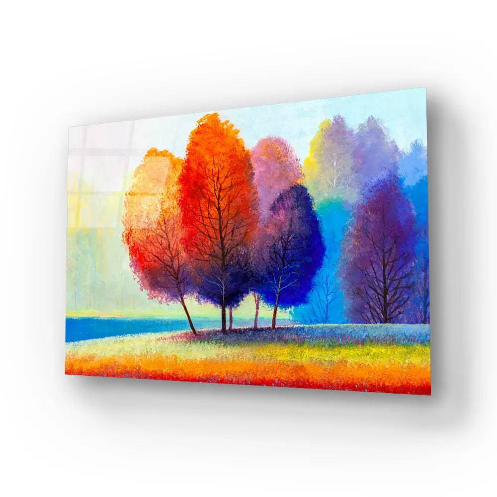 Colorful Autumn Forest Beautiful River Glass Wall Art - CreoGlass E-Shop