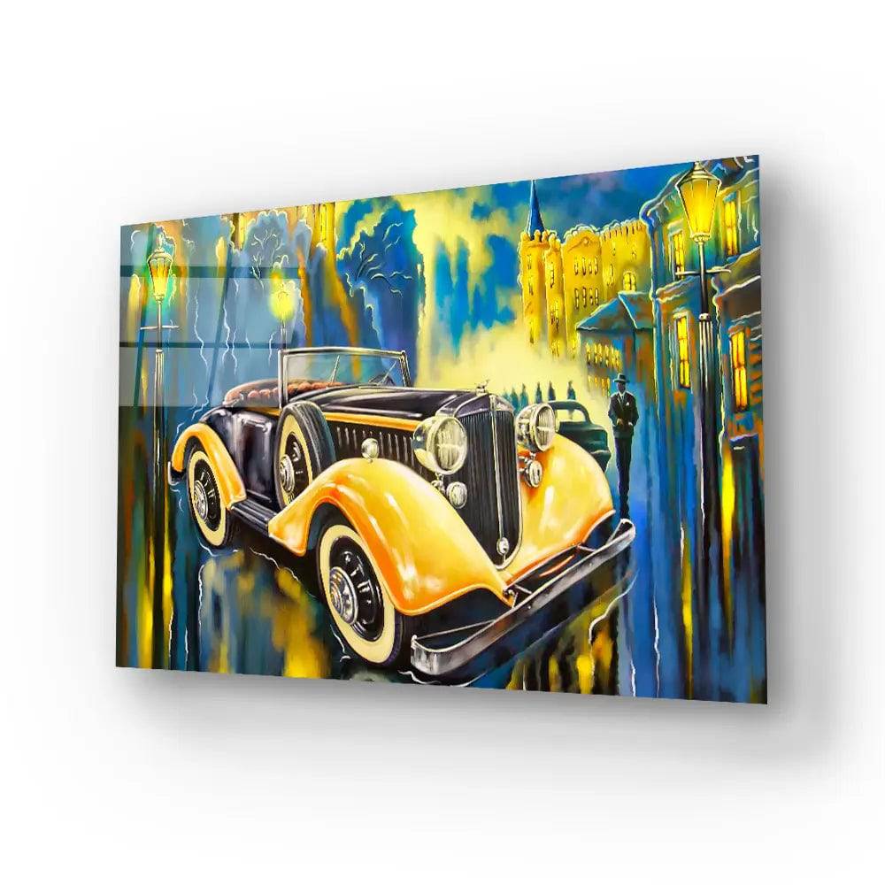 Completely Fictional Old Car Street Glass Wall Art - CreoGlass E-Shop