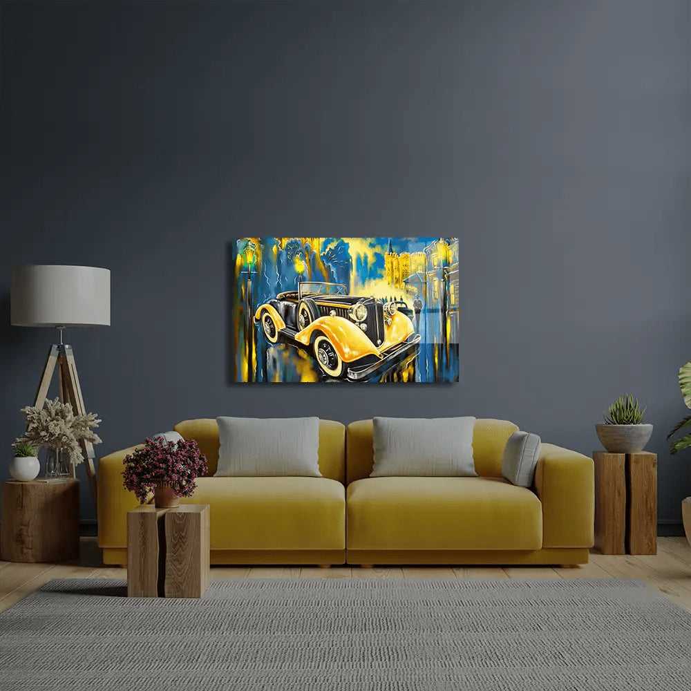 Completely Fictional Old Car Street Glass Wall Art - CreoGlass E-Shop
