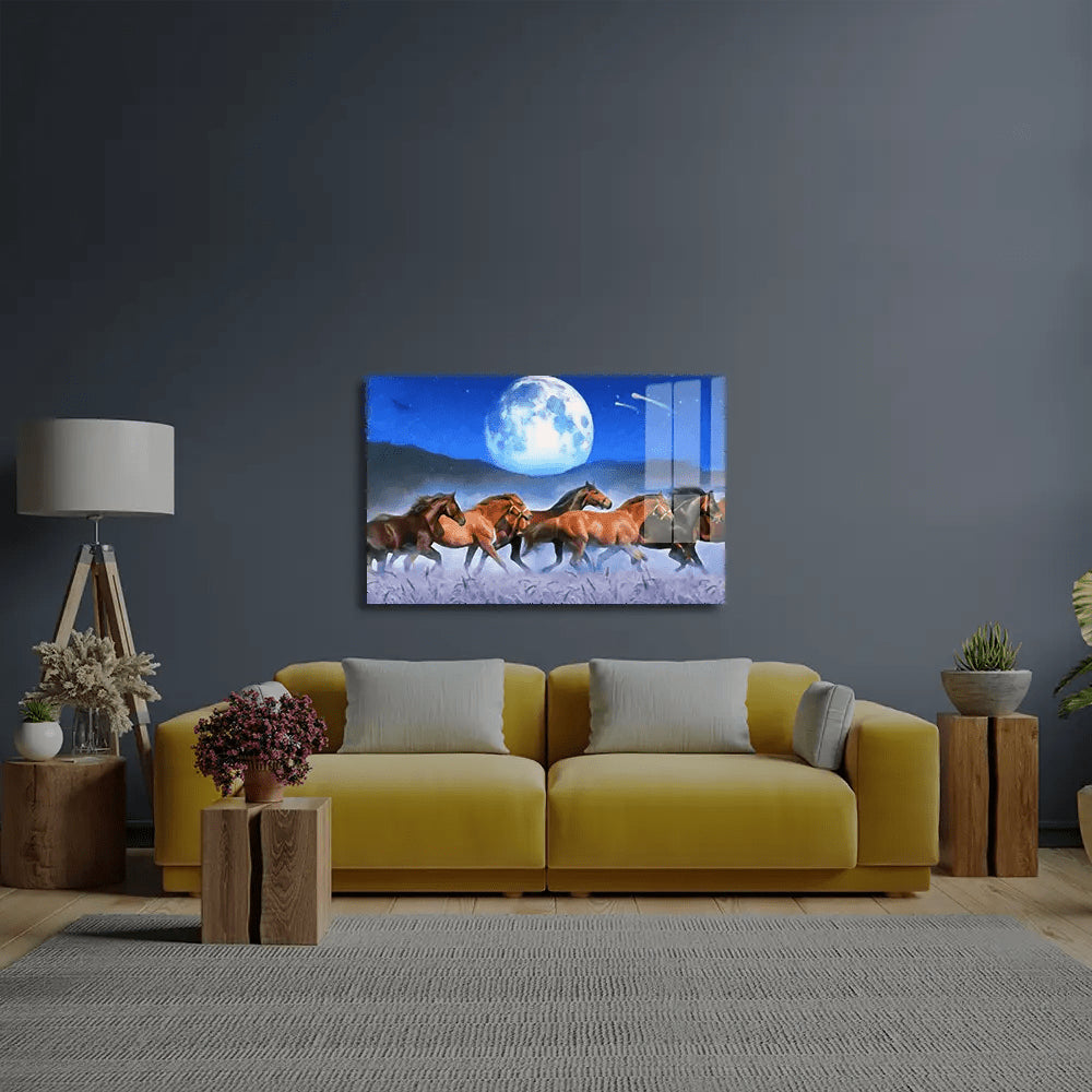 Horses Wheat Moon Glass Wall Art - CreoGlass E-Shop