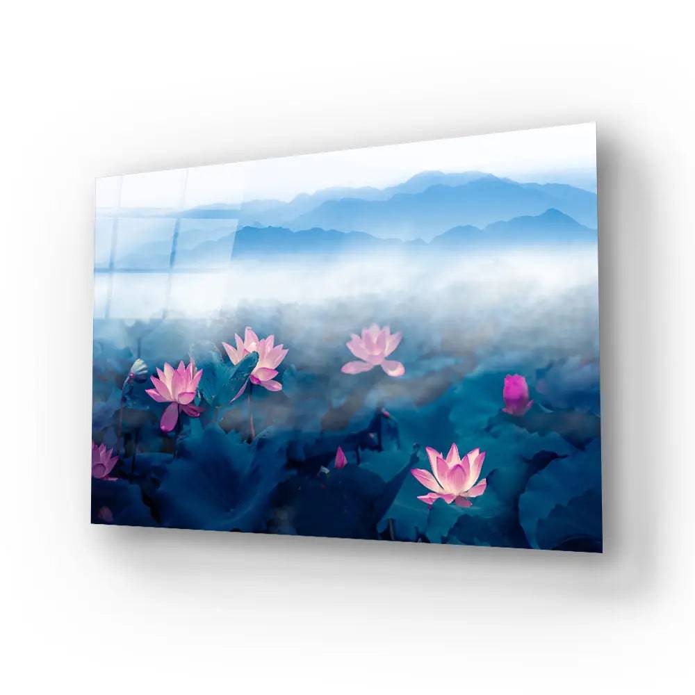 Lotus Pond Distant Mountain Fog Clouds Glass Wall Art - CreoGlass E-Shop