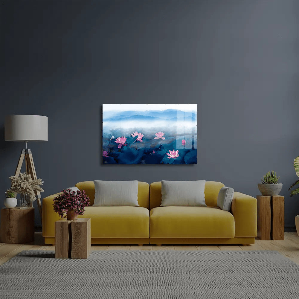 Lotus Pond Distant Mountain Fog Clouds Glass Wall Art - CreoGlass E-Shop
