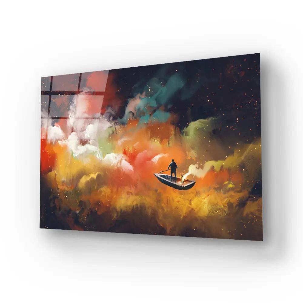 Man Boat Outer Space Colorful Cloud Glass Wall Art - CreoGlass E-Shop