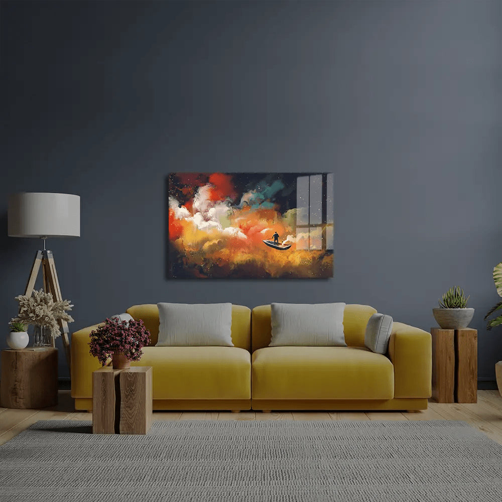 Man Boat Outer Space Colorful Cloud Glass Wall Art - CreoGlass E-Shop