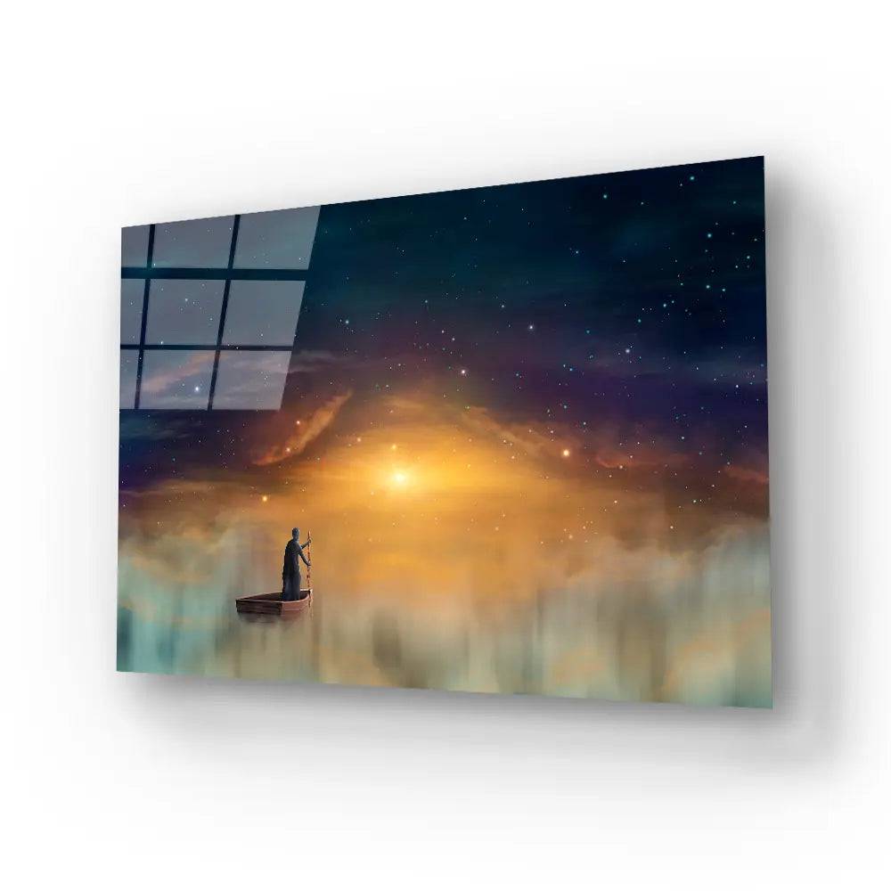 Man Cowl Magician Floating Ship Clouds Sunset Sky Stars Glass Wall Art - CreoGlass E-Shop