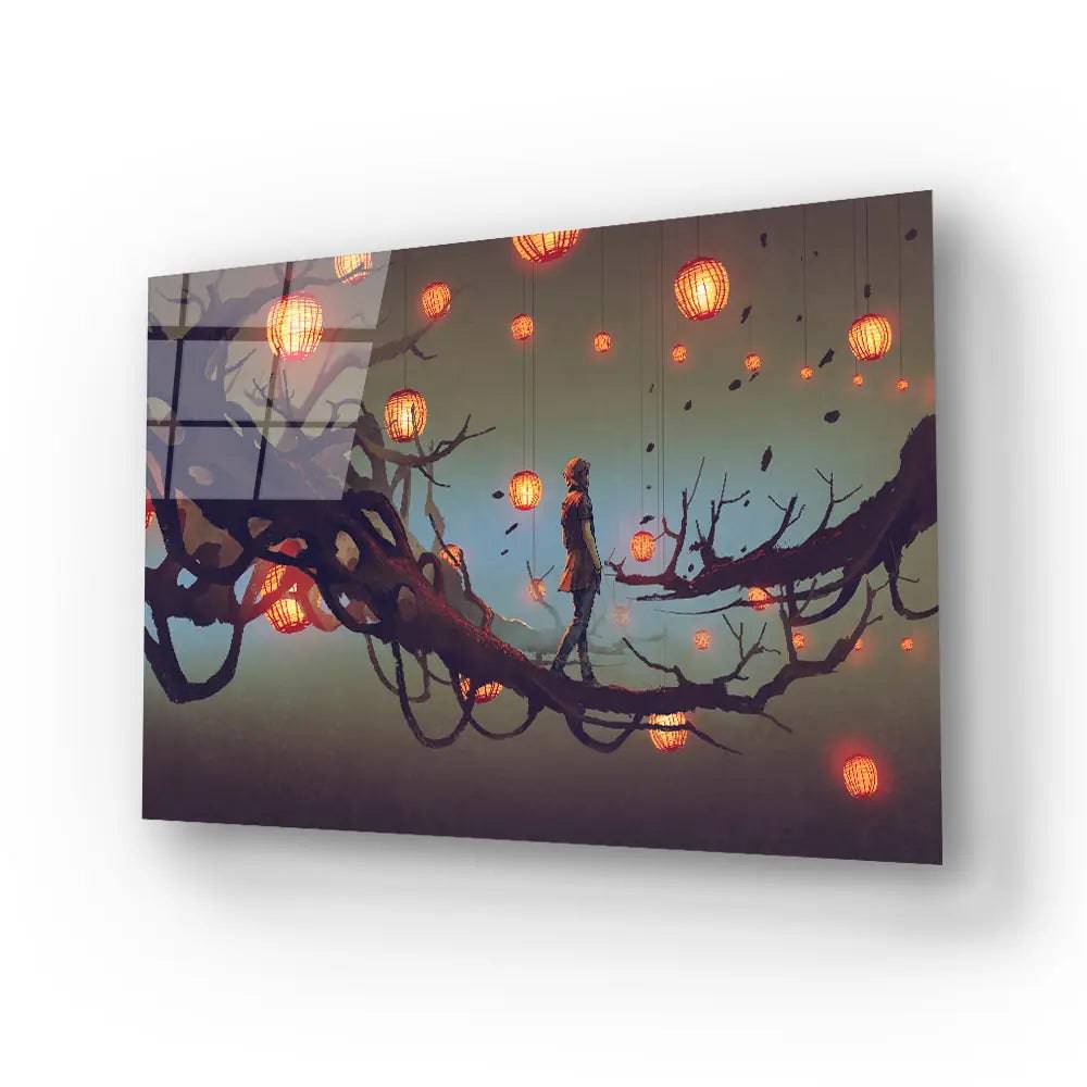 Man Walking Tree Branch Many Red Lanterns Glass Wall Art - CreoGlass E-Shop