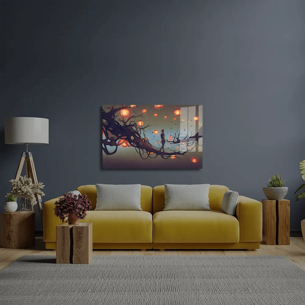 Man Walking Tree Branch Many Red Lanterns Glass Wall Art - CreoGlass E-Shop