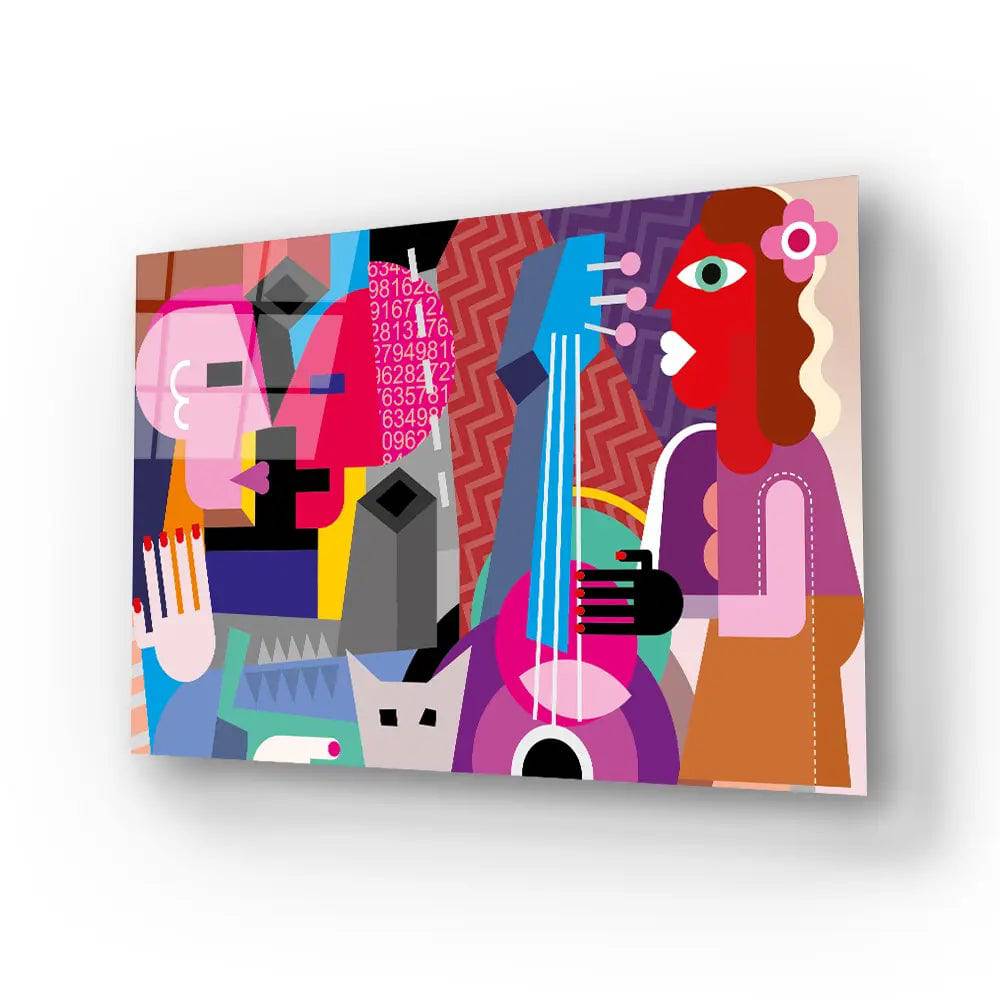 Modern Abstract Art Painting Persons Different Geometric Shapes Love Music Glass Wall Art - CreoGlass E-Shop