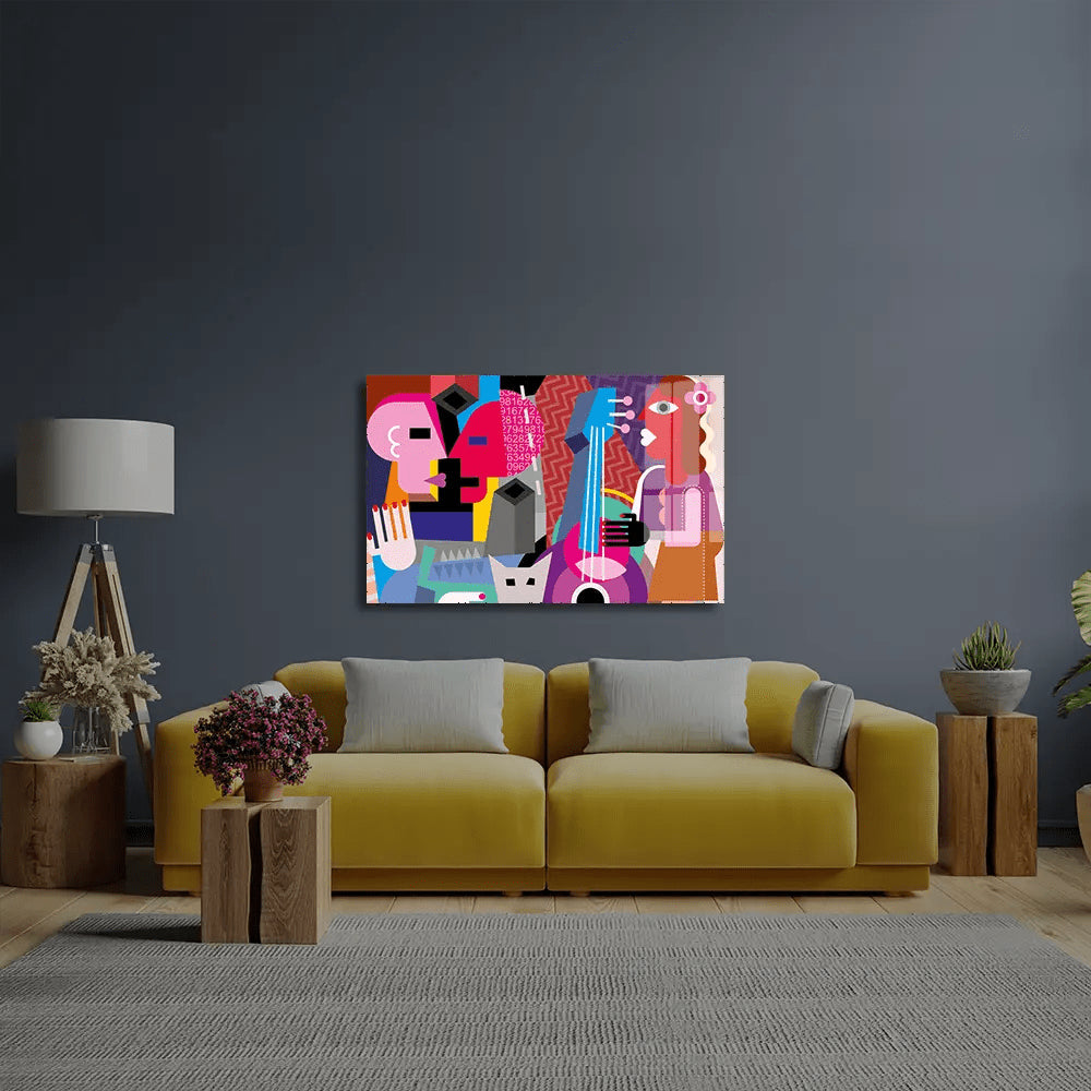 Modern Abstract Art Painting Persons Different Geometric Shapes Love Music Glass Wall Art - CreoGlass E-Shop