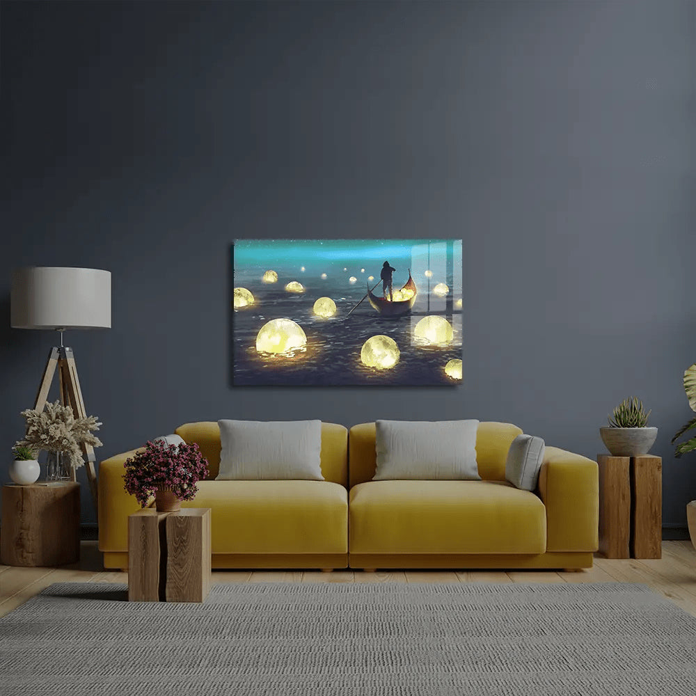 Night Scenery Man Rowing Boat Among Many Glowing Moons Floating Sea Glass Wall Art - CreoGlass E-Shop