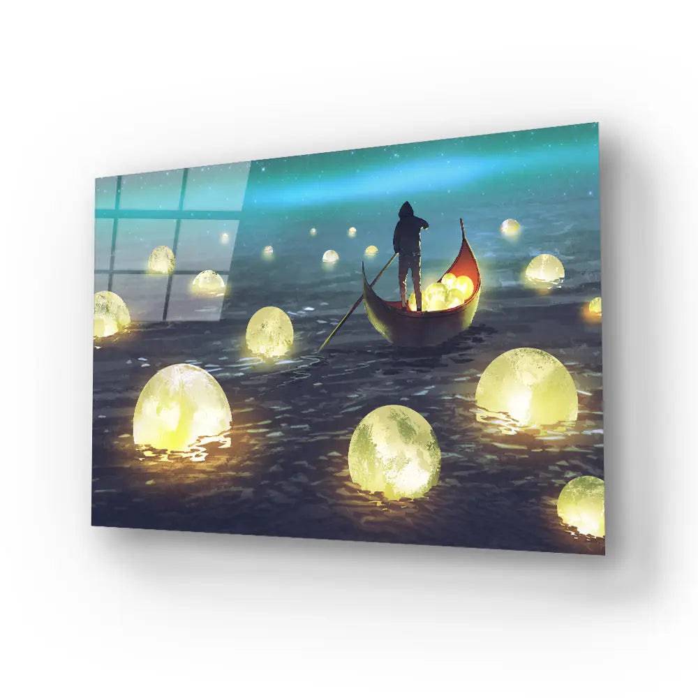 Night Scenery Man Rowing Boat Among Many Glowing Moons Floating Sea Glass Wall Art - CreoGlass E-Shop