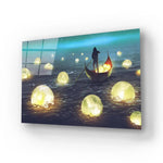 Night Scenery Man Rowing Boat Among Many Glowing Moons Floating Sea Glass Wall Art - CreoGlass E-Shop