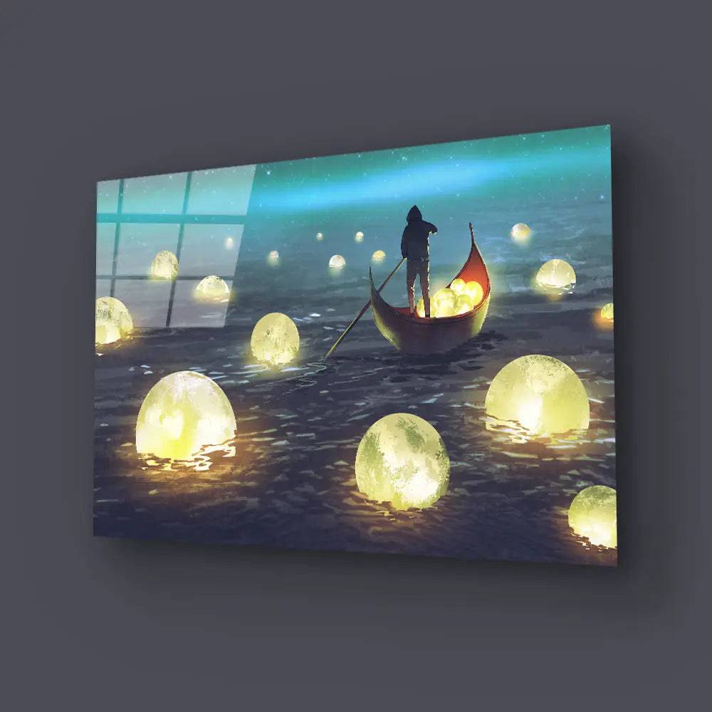 Night Scenery Man Rowing Boat Among Many Glowing Moons Floating Sea Glass Wall Art - CreoGlass E-Shop
