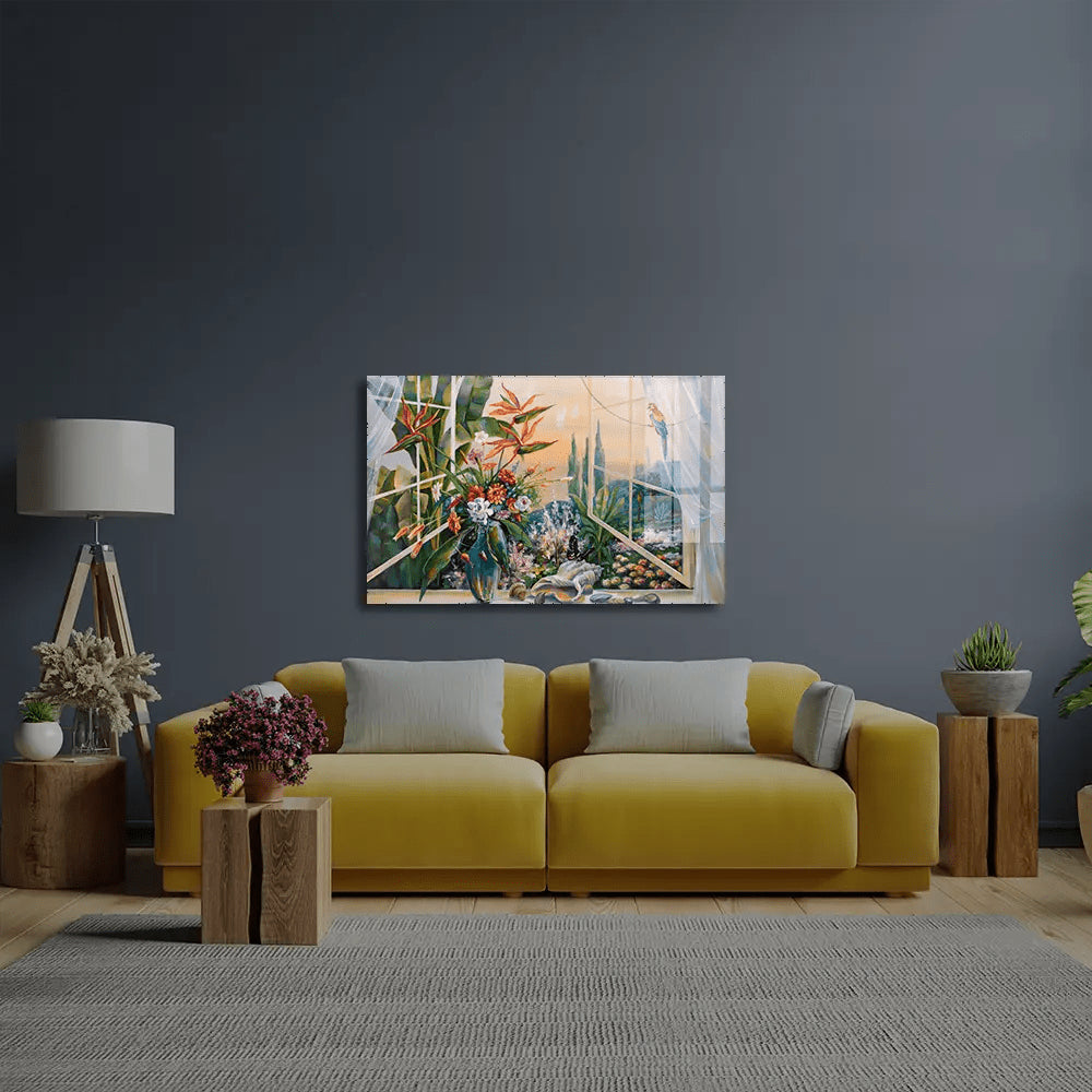 Oil Painting Garden View Bedroom Glass Wall Art - CreoGlass E-Shop