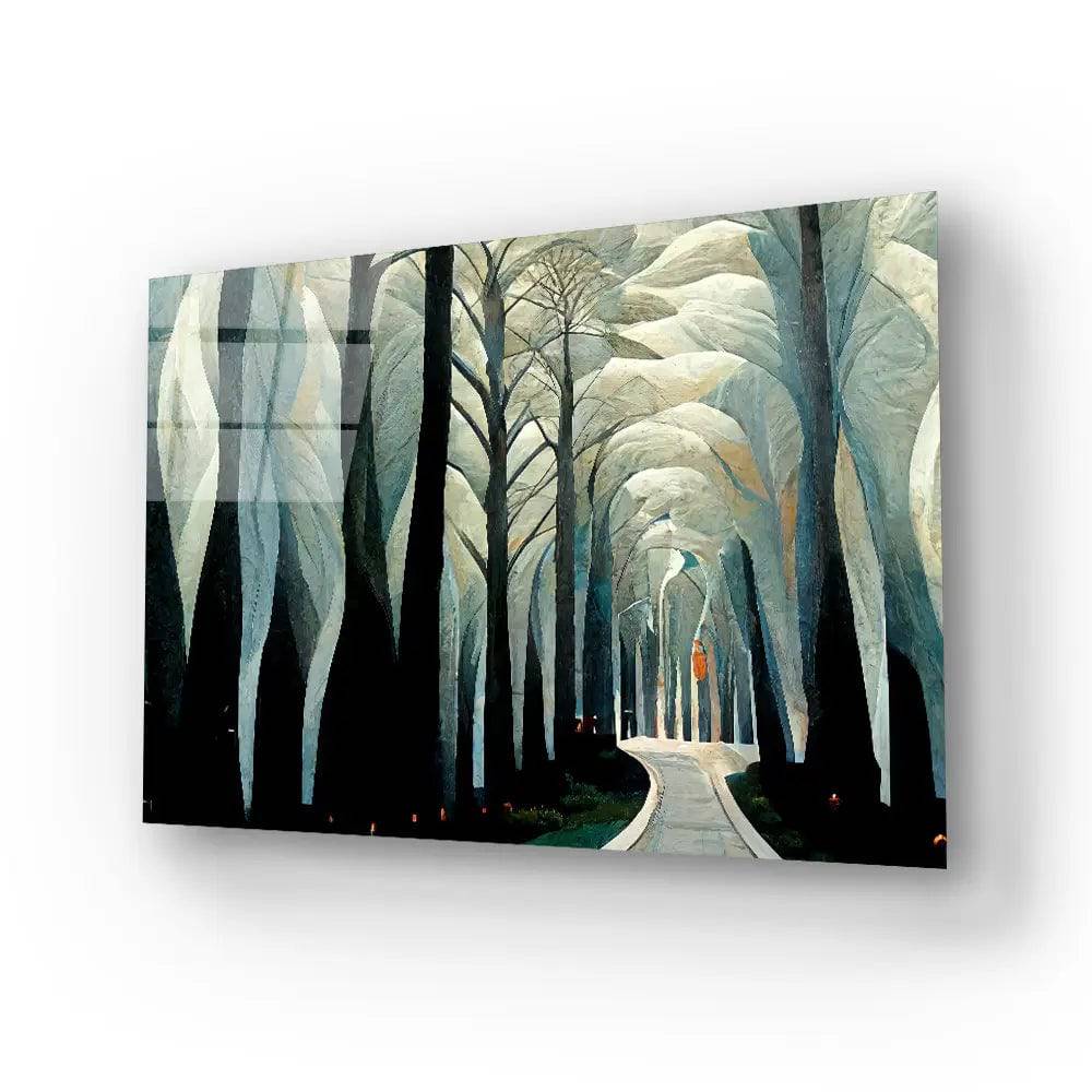 Pathway Stylized White Forest Birch Trees Art Deco Glass Wall Art - CreoGlass E-Shop