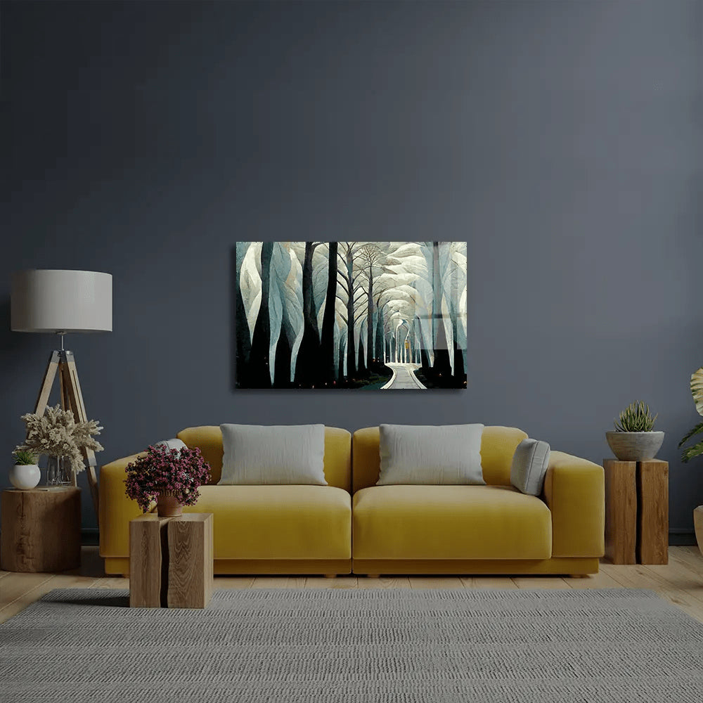 Pathway Stylized White Forest Birch Trees Art Deco Glass Wall Art - CreoGlass E-Shop