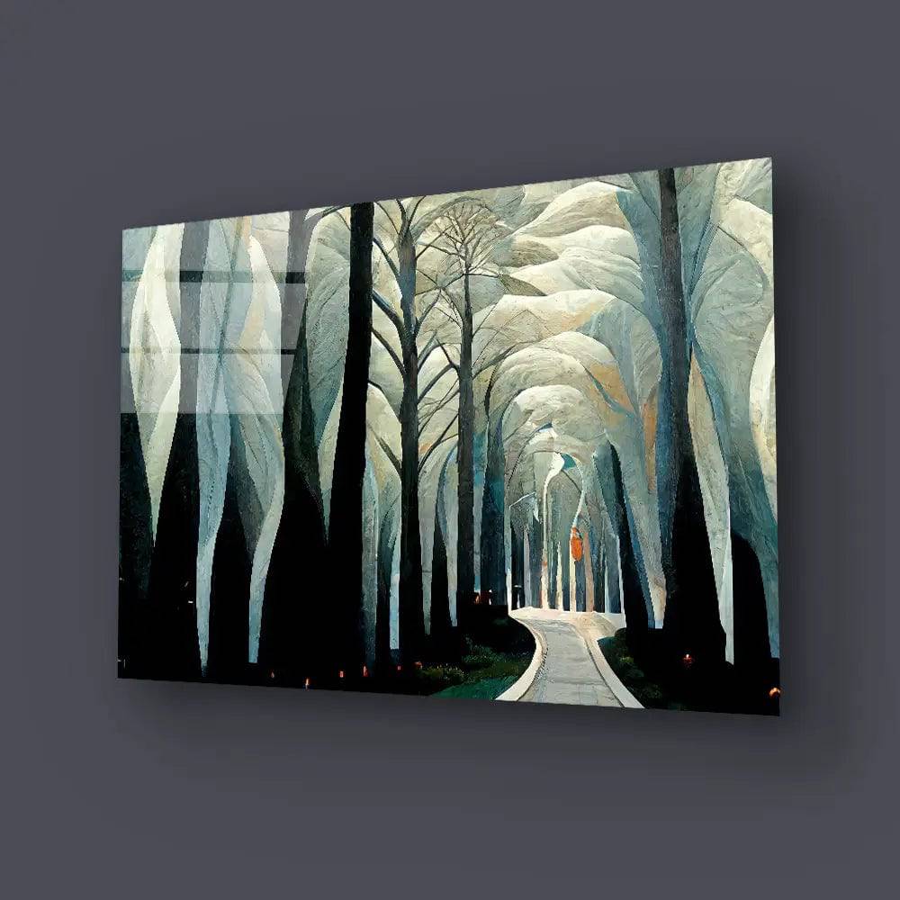 Pathway Stylized White Forest Birch Trees Art Deco Glass Wall Art - CreoGlass E-Shop