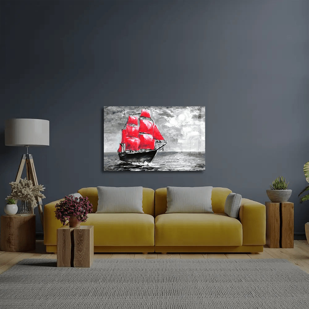 Scarlet Sails Ship Ocean Glass Wall Art - CreoGlass E-Shop