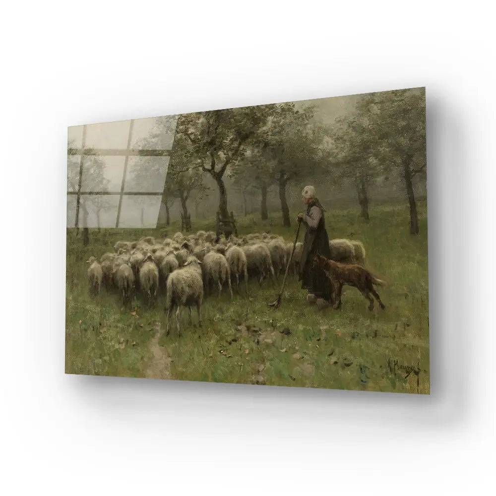 Shepherdess Flock Sheep Glass Wall Art - CreoGlass E-Shop